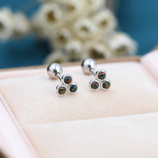 Black Opal Trio Screw back Earrings in Sterling Silver, Silver or Gold, Opal Trinity Earrings,  Screwback Barbell