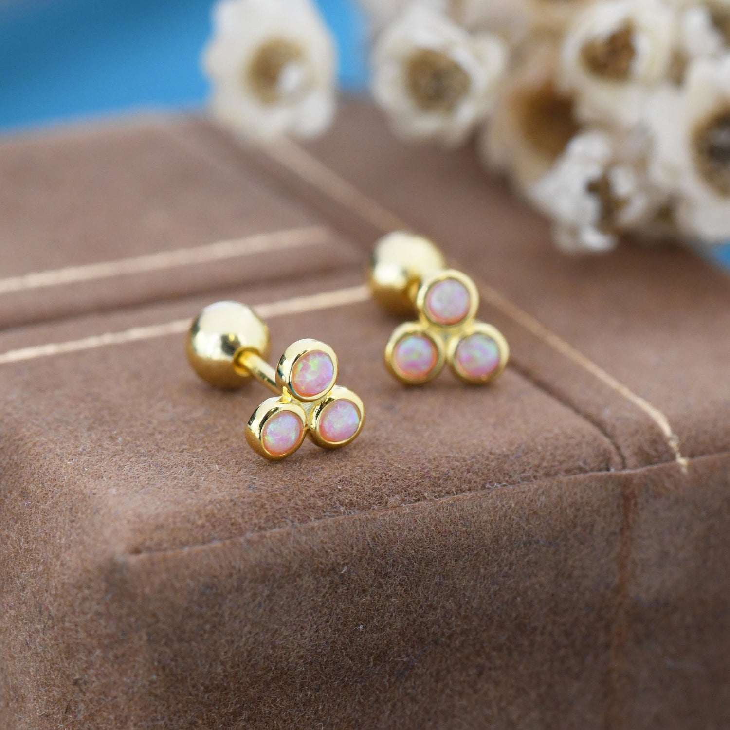 Cosmic Dust Pink Opal Trio Screw back Earrings in Sterling Silver, Silver or Gold, Opal Trinity Earrings,  Screwback Barbell