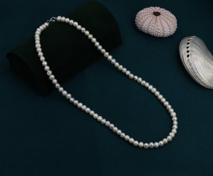 Genuine Freshwater Pearl Necklace in Sterling Silver, Slightly Irregular Shape 5mm Round Fresh Water Pearl Necklace, Men or Women, Unisex