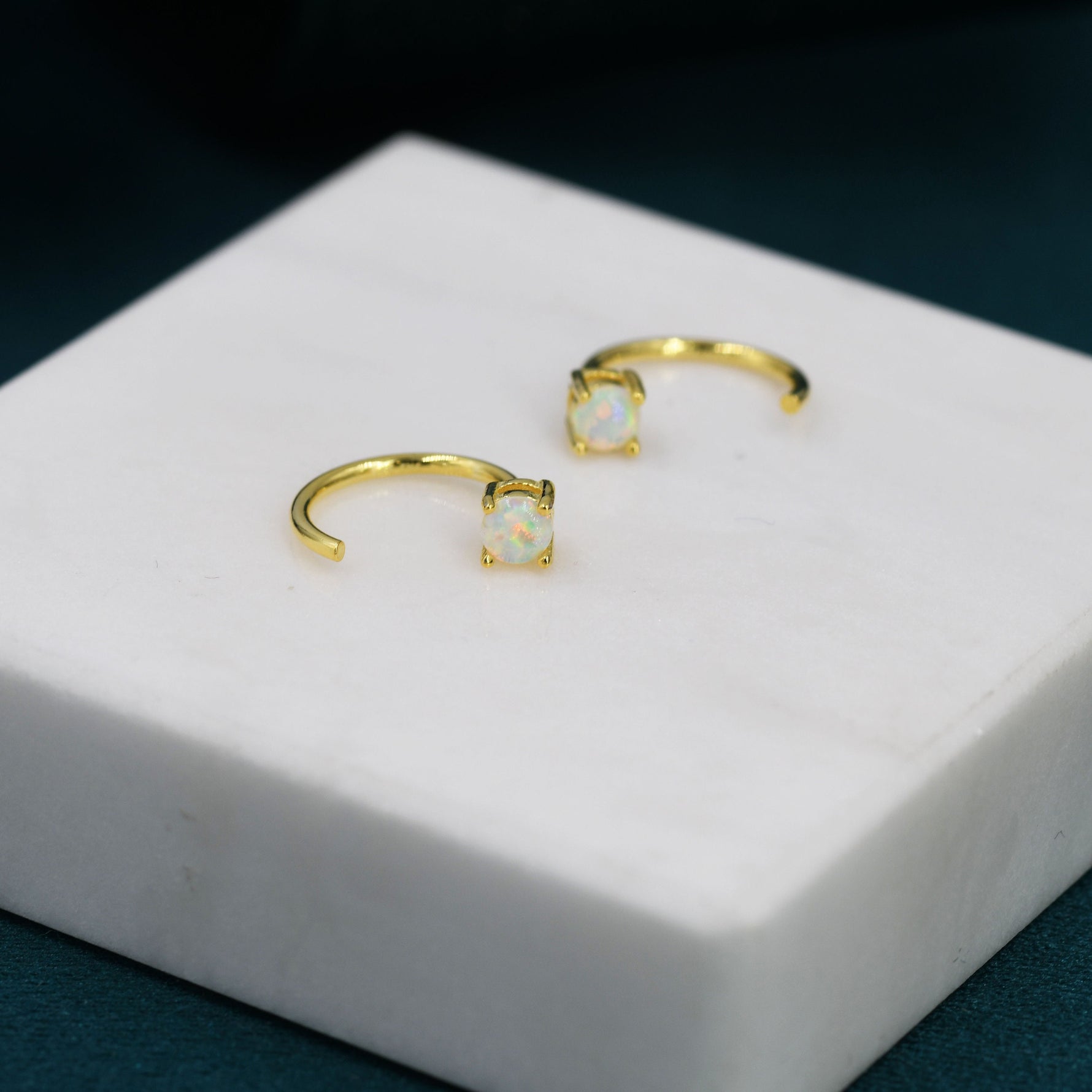 White Opal Huggie Hoop Earrings in Sterling Silver, Tiny Opal Open Hoops, Opal Pull Through Threaders, Half Hoops, C Shape Opal Hoops