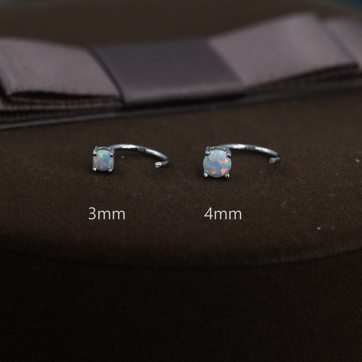 White Opal Huggie Hoop Earrings in Sterling Silver, Tiny Opal Open Hoops, Opal Pull Through Threaders, Half Hoops, C Shape Opal Hoops