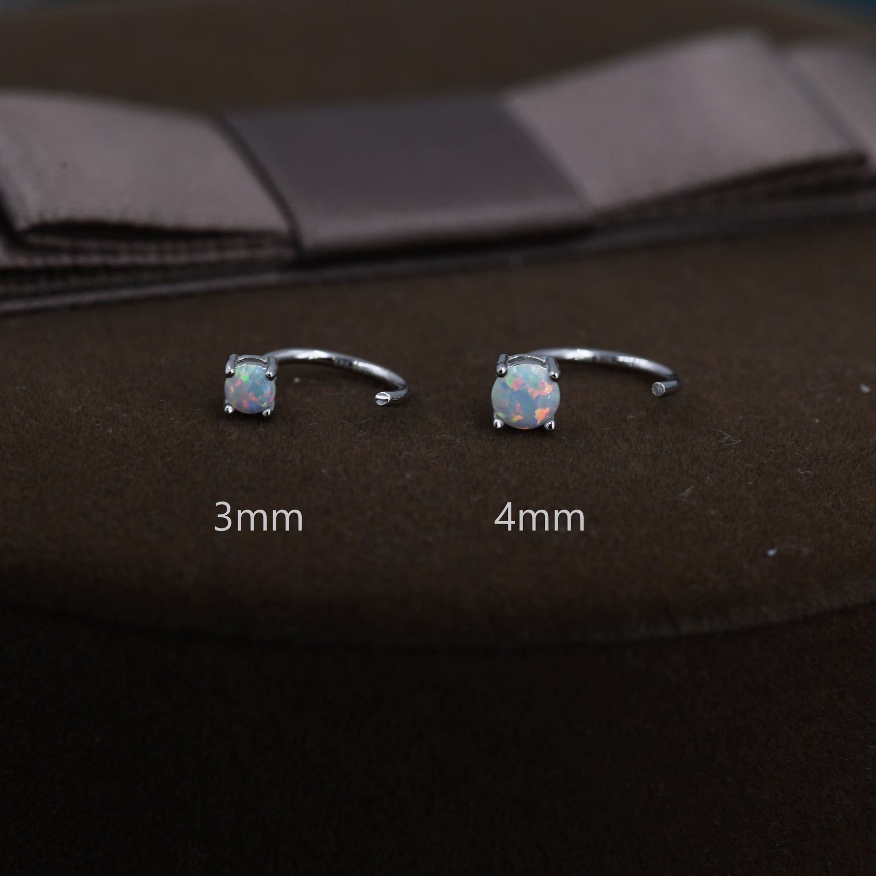 White Opal Huggie Hoop Earrings in Sterling Silver, Tiny Opal Open Hoops, Opal Pull Through Threaders, Half Hoops, C Shape Opal Hoops
