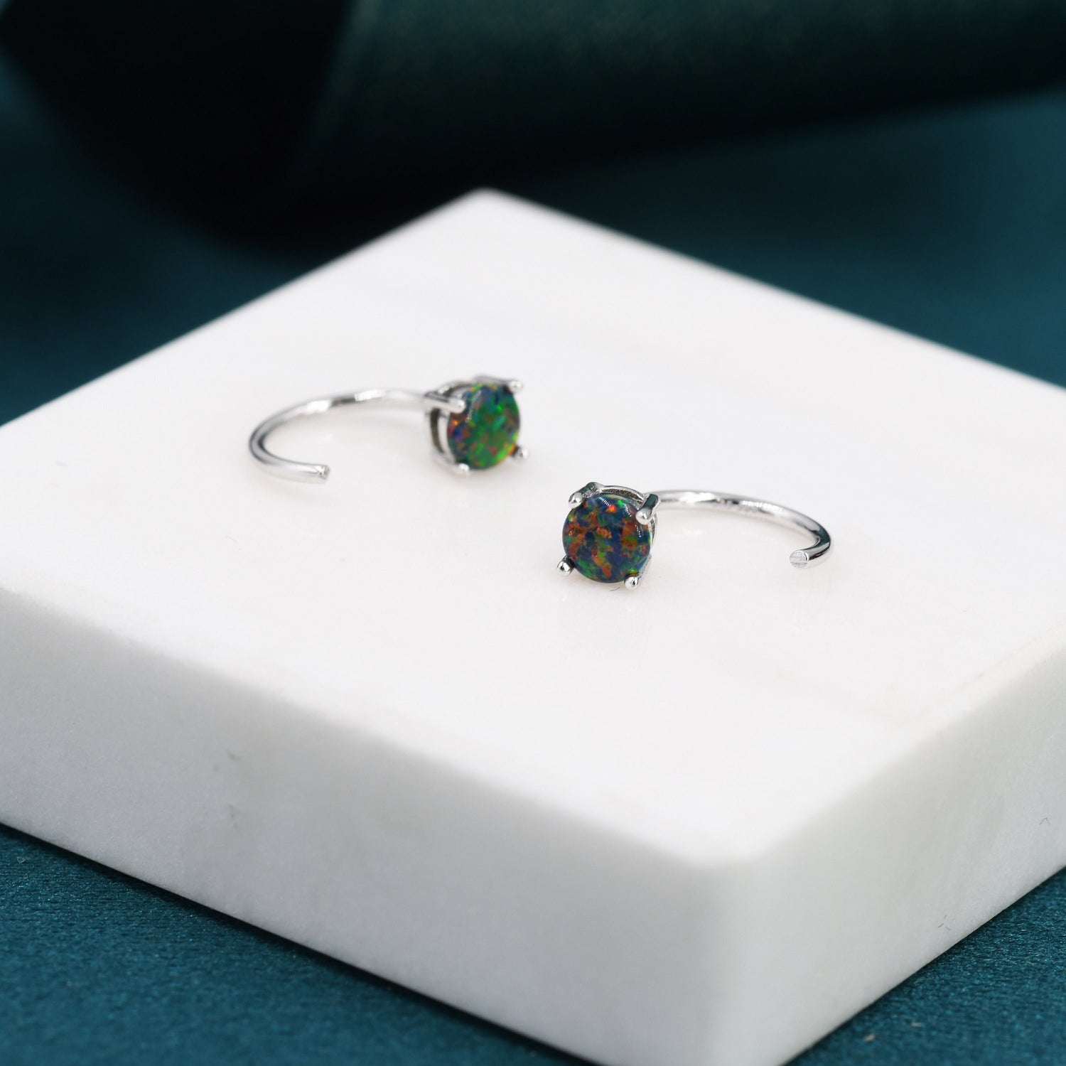 Black Opal Huggie Hoop Earrings in Sterling Silver, Tiny Opal Open Hoops, Opal Pull Through Threaders, Half Hoops, C Shape Opal Hoops