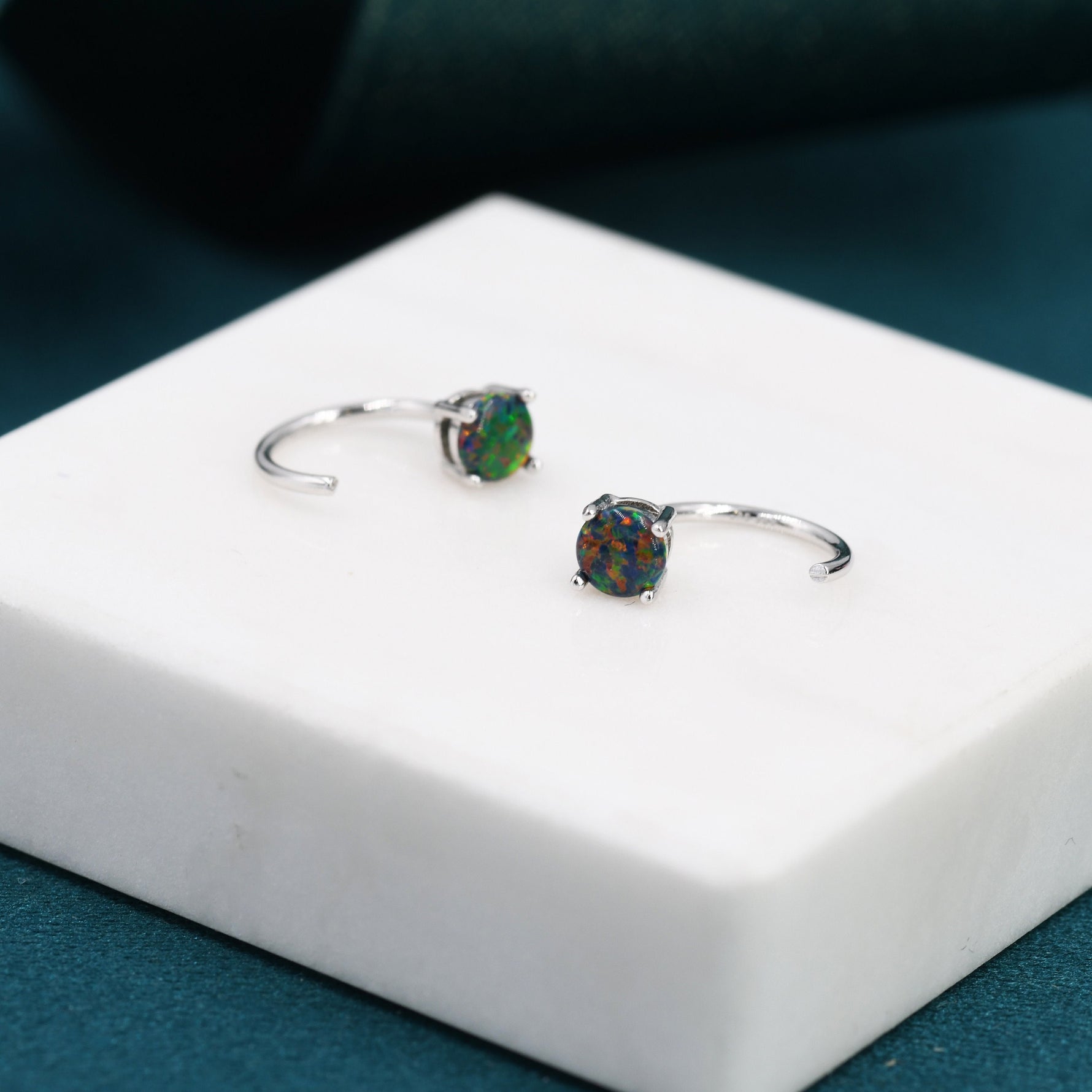 Black Opal Huggie Hoop Earrings in Sterling Silver, Tiny Opal Open Hoops, Opal Pull Through Threaders, Half Hoops, C Shape Opal Hoops