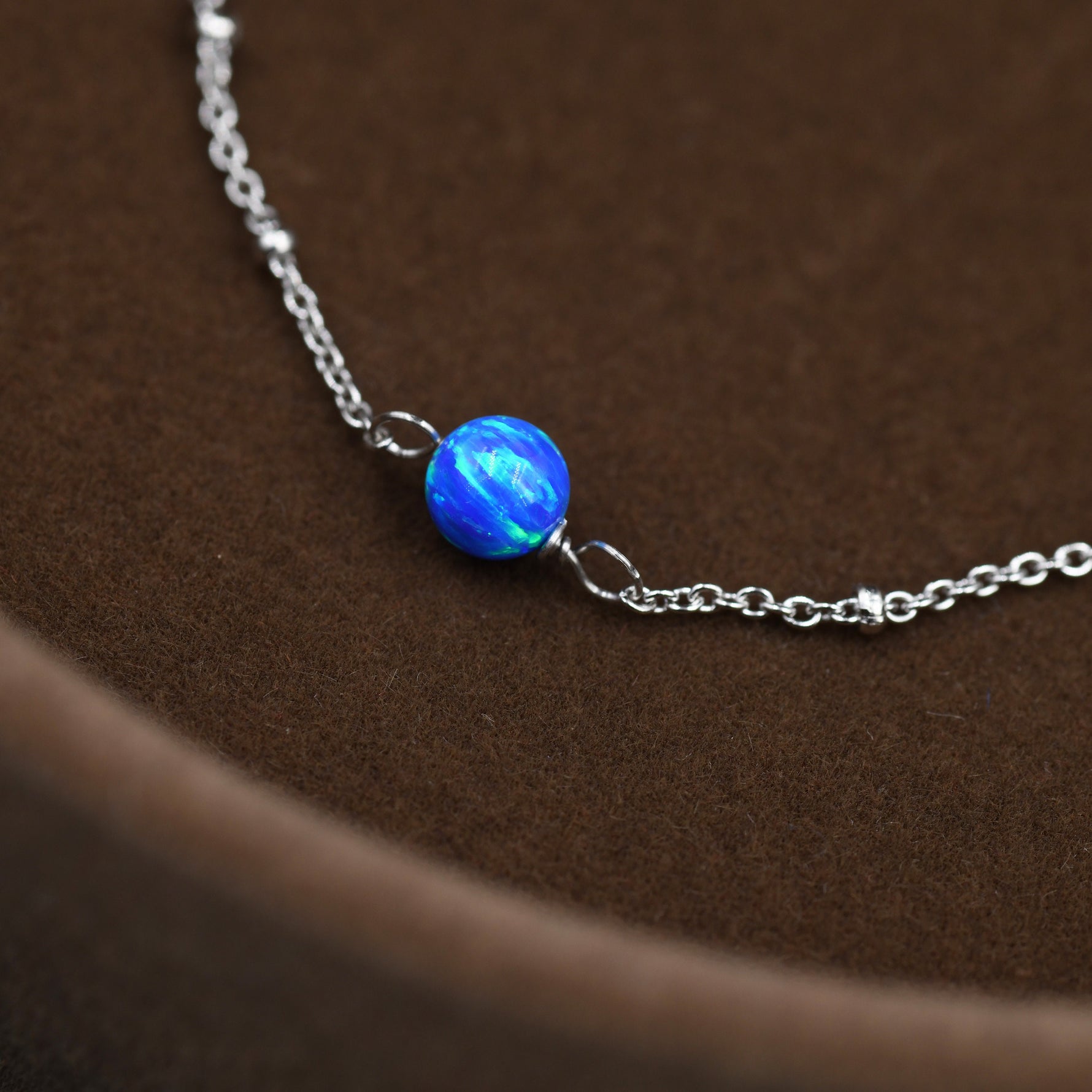 Blue Opal Bead Bracelet in Sterling Silver, Blue Opal Bracelet , Single Opal Bracelet, Genuine Opal Crystal, Lab Opal Bracelet
