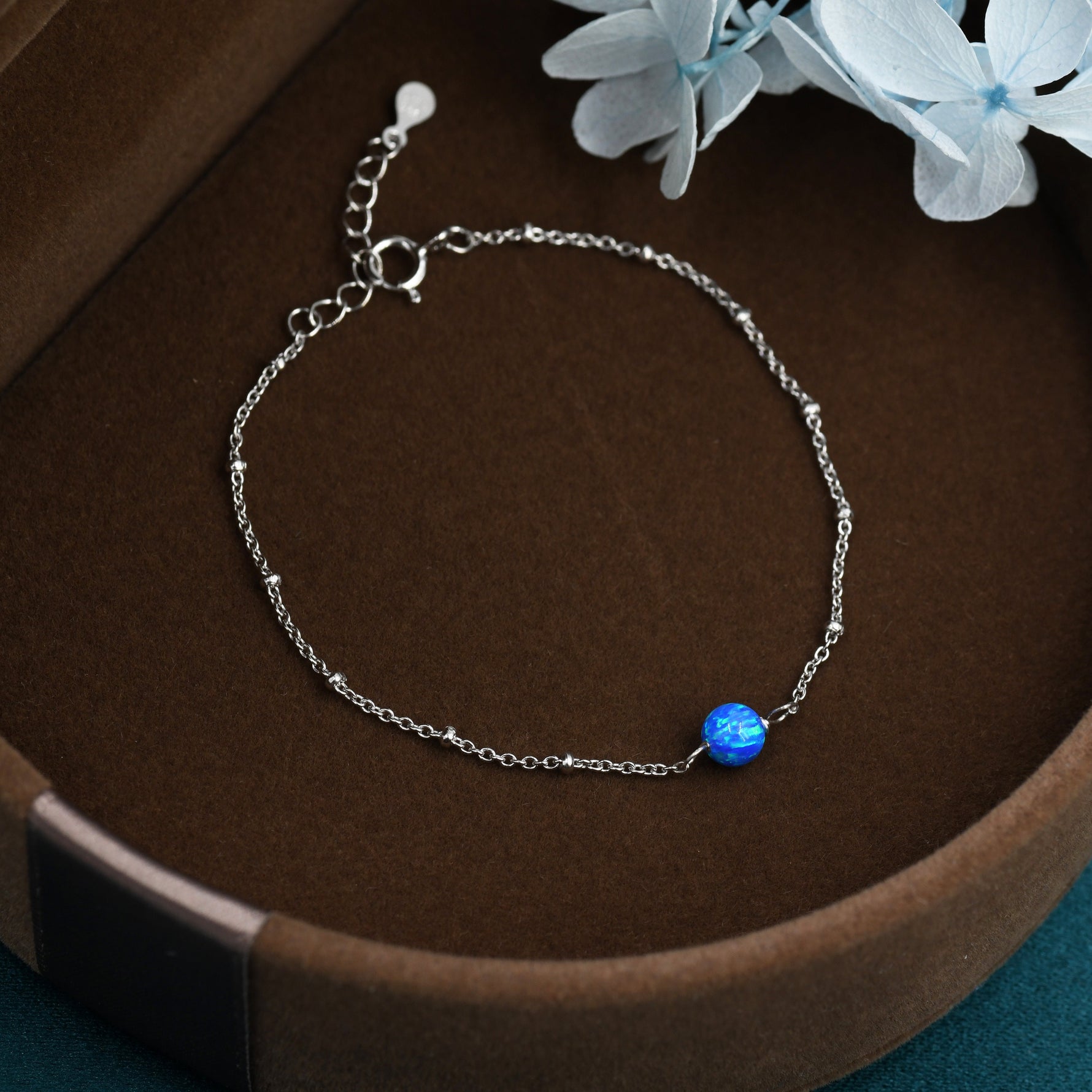 Blue Opal Bead Bracelet in Sterling Silver, Blue Opal Bracelet , Single Opal Bracelet, Genuine Opal Crystal, Lab Opal Bracelet