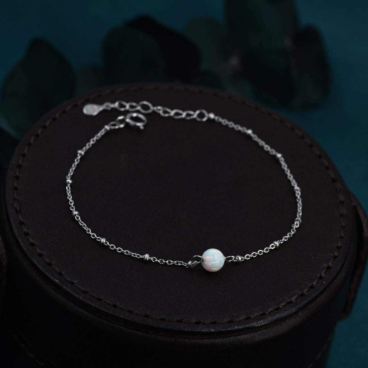 White Opal Bead Bracelet in Sterling Silver, Blue Opal Bracelet , Single Opal Bracelet, Genuine Opal Crystal, Lab Opal Bracelet