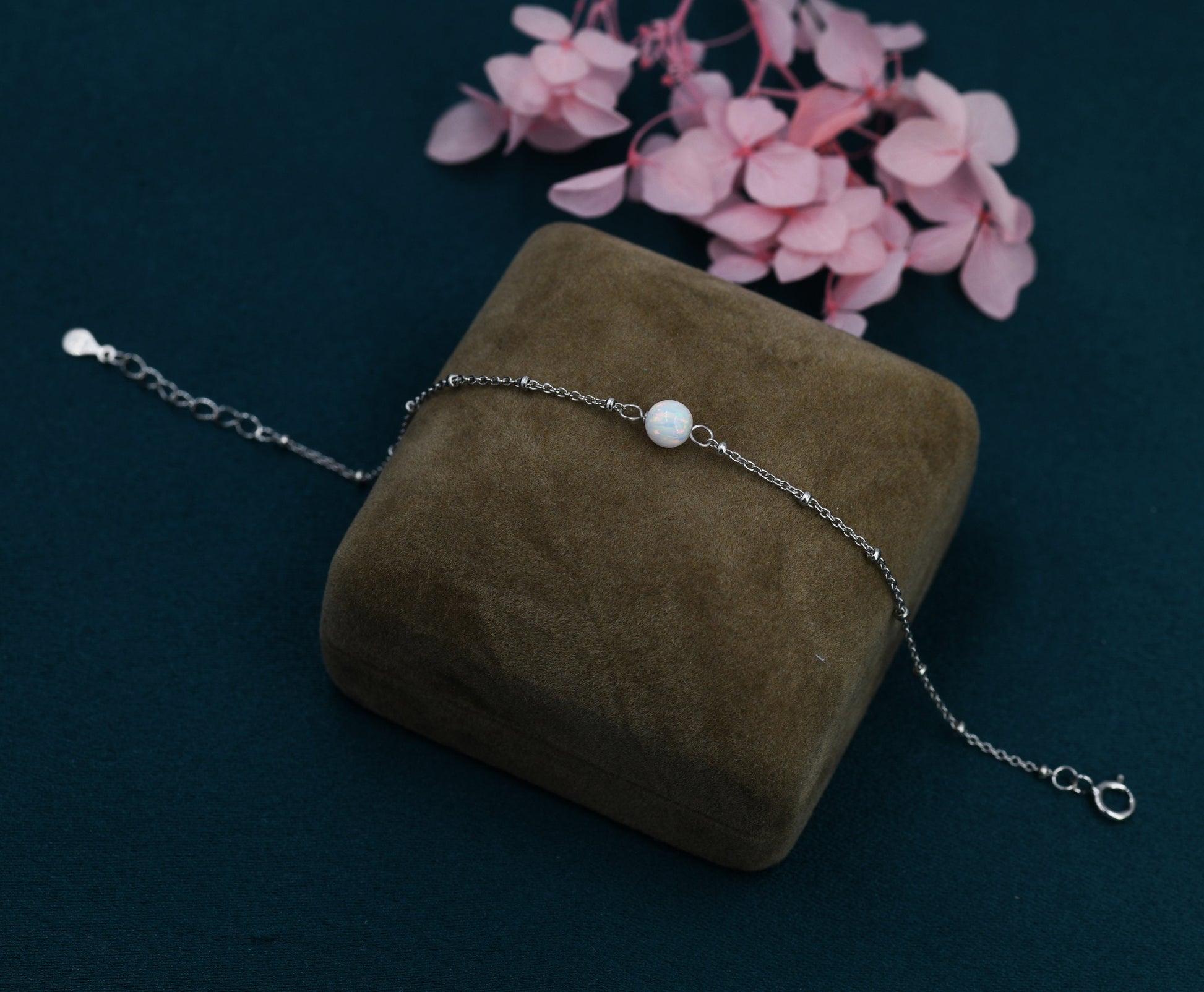 White Opal Bead Bracelet in Sterling Silver, Blue Opal Bracelet , Single Opal Bracelet, Genuine Opal Crystal, Lab Opal Bracelet