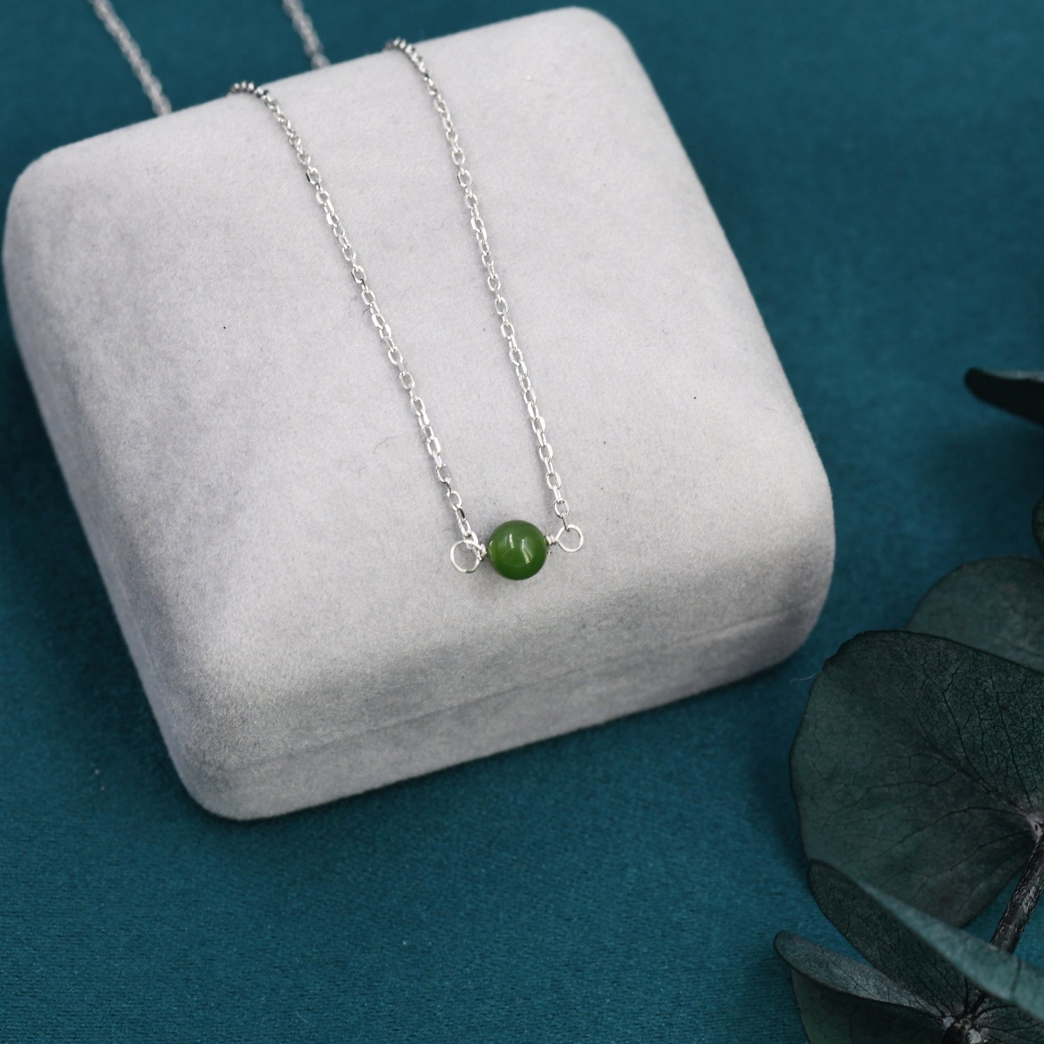 Jade Bead Necklace in Sterling Silver, Jade Necklace, Single Jade Necklace, Genuine Jade Crystal, Natural Jade Stone Necklace