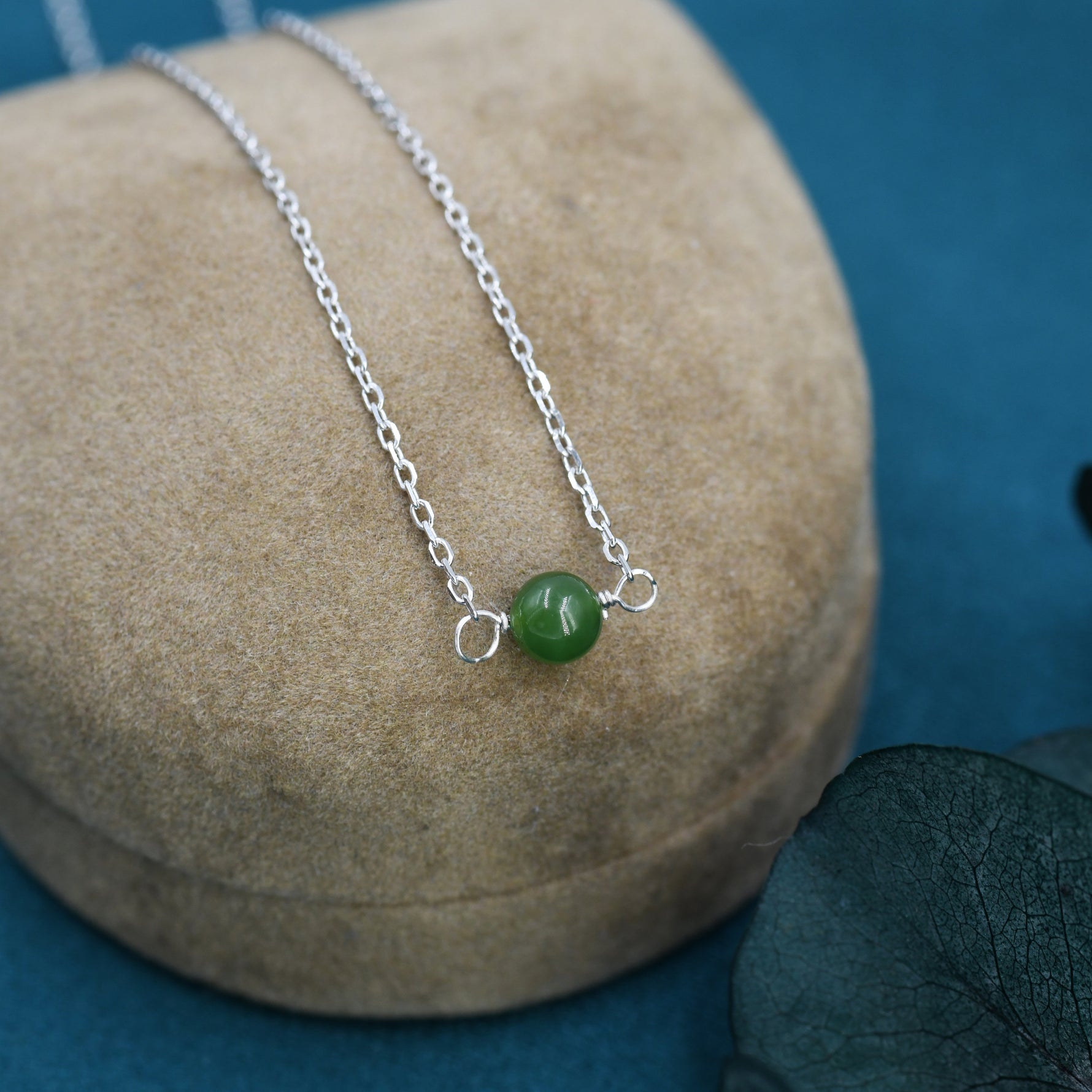 Jade Bead Necklace in Sterling Silver, Jade Necklace, Single Jade Necklace, Genuine Jade Crystal, Natural Jade Stone Necklace