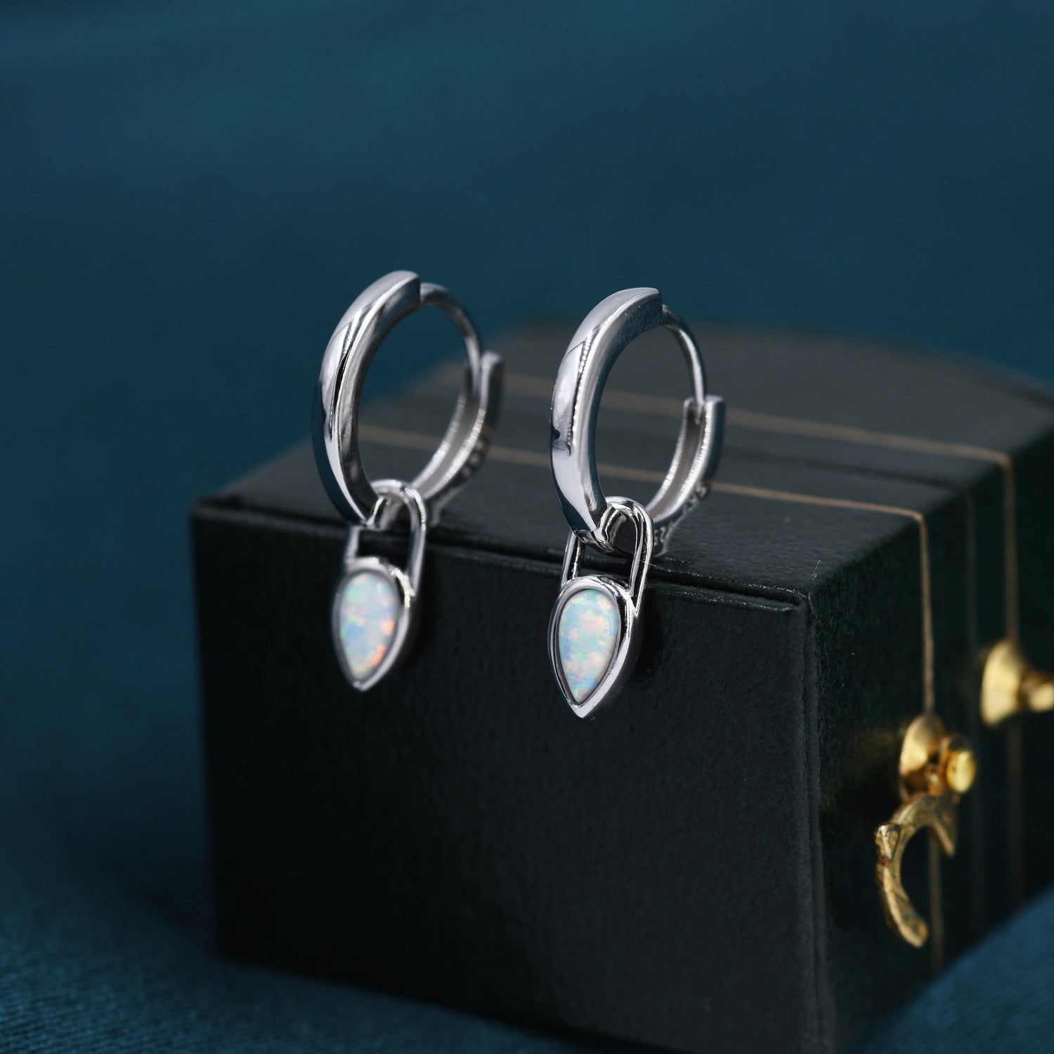 White Opal Dagger Huggie Hoop Earrings in Sterling Silver, Tiny Opal Bullet Hoops, Opal Hoops, Opal Droplet Hoops, Pear Shape Opal Hoops