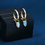Blue Opal Dagger Huggie Hoop Earrings in Sterling Silver, Tiny Opal Bullet Hoops, Opal Hoops, Opal Droplet Hoops, Pear Shape Opal Hoops