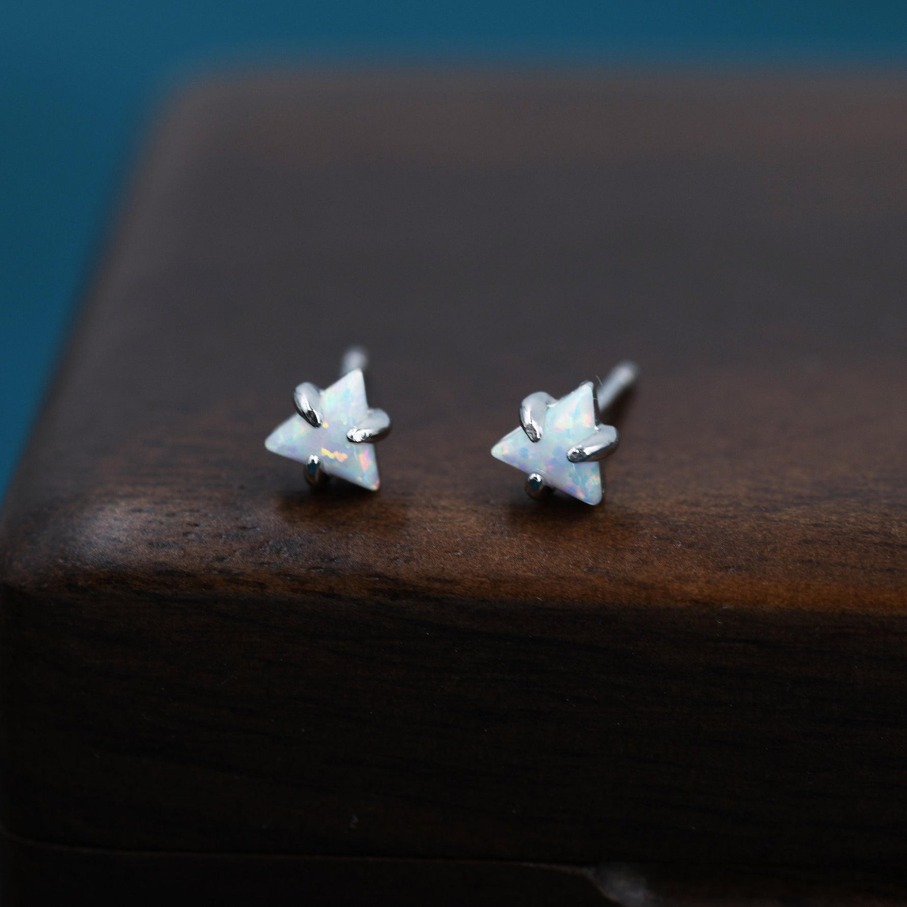 Tiny Opal Triangle Stud Earrings in Sterling Silver, Triangle Opal Earrings with Prong Set