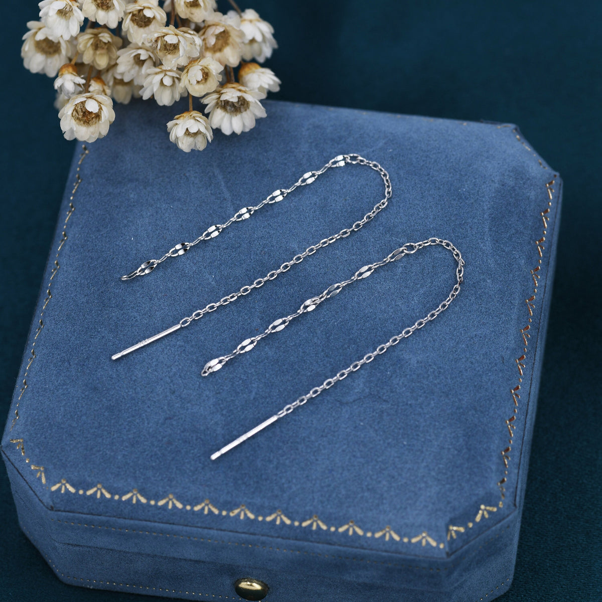 Oval Coin Chain Threader Earrings in Sterling Silver, Silver or Gold, Sparkle Chain Long Ear Threaders, Long Threaders
