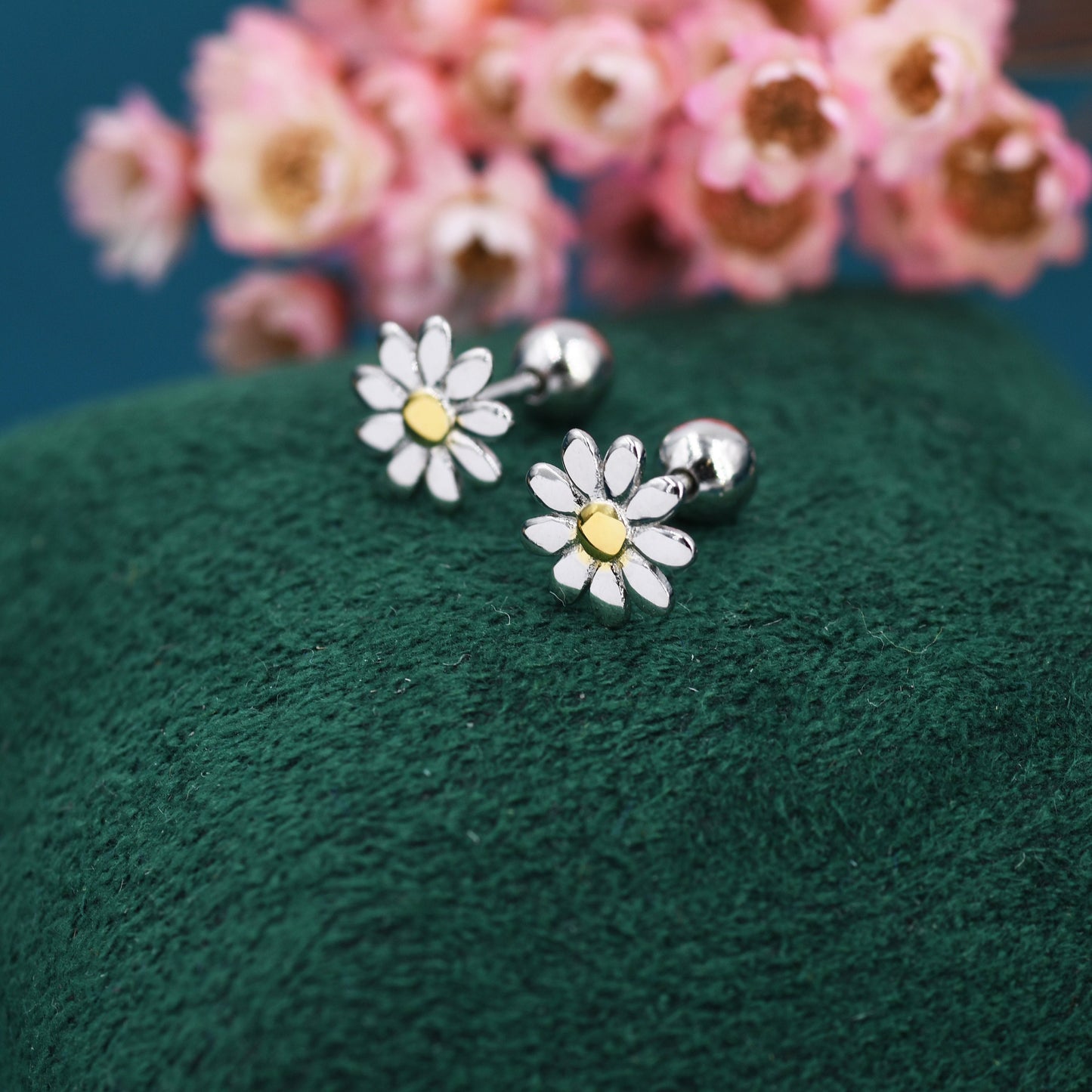 Little Daisy Flower Screw Back Earrings in Sterling Silver - Cute Flower Blossom Earrings - Fun, Whimsical