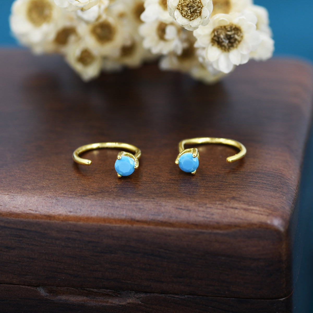Tiny Turquoise Huggie Hoop Threader Earrings in Sterling Silver, 3mm Three Prong, Gold or Silver, Pull Through Open Hoops, C Shape Hoops