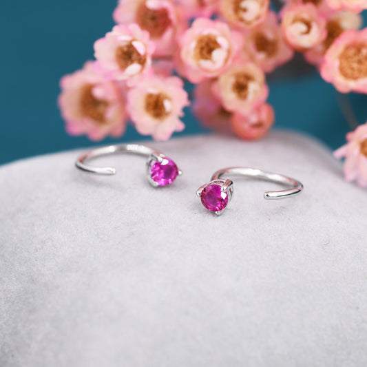 Ruby Pink CZ Crystal Huggie Hoop Earrings in Sterling Silver, 3mm Three Prong, Gold or Silver, Pull Through Open Hoops, July Birthstone