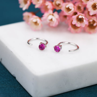 Ruby Pink CZ Crystal Huggie Hoop Earrings in Sterling Silver, 3mm Three Prong, Gold or Silver, Pull Through Open Hoops, July Birthstone