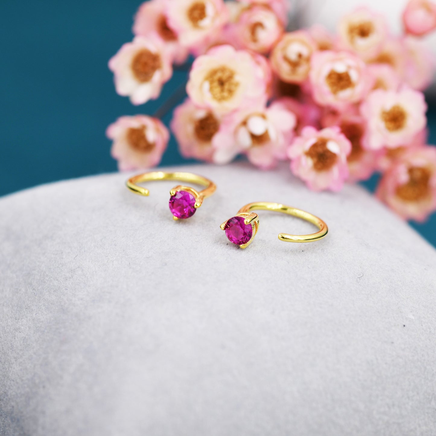 Ruby Pink CZ Crystal Huggie Hoop Earrings in Sterling Silver, 3mm Three Prong, Gold or Silver, Pull Through Open Hoops, July Birthstone