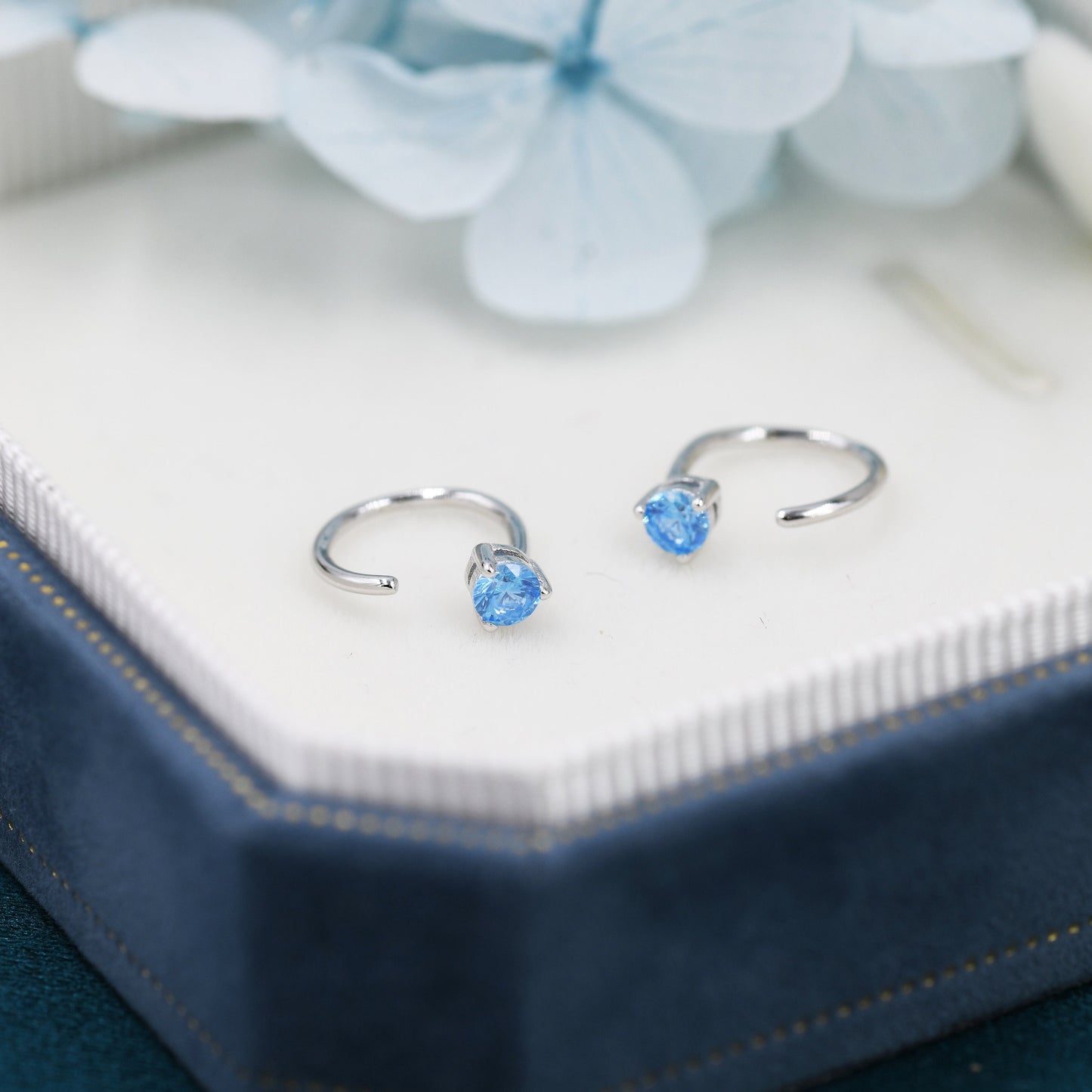 Aquamarine Blue CZ Crystal Huggie Hoop Earrings in Sterling Silver, 3mm Three Prong,  Pull Through Open Hoops, March Birthstone