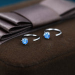 Aquamarine Blue CZ Crystal Huggie Hoop Earrings in Sterling Silver, 3mm Three Prong, Pull Through Open Hoops, March Birthstone