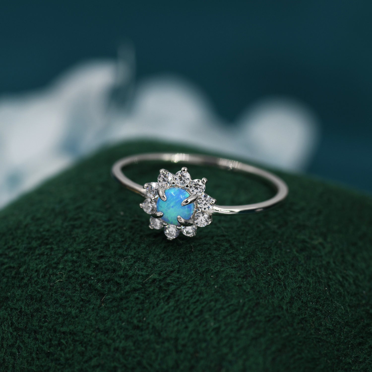 Round Cut Blue Opal Flower Halo Ring