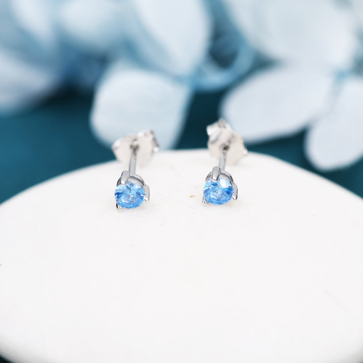 Aquamarine Blue CZ Stud Earrings in Sterling Silver, 3mm, Three Prong, Blue Stacking Earrings