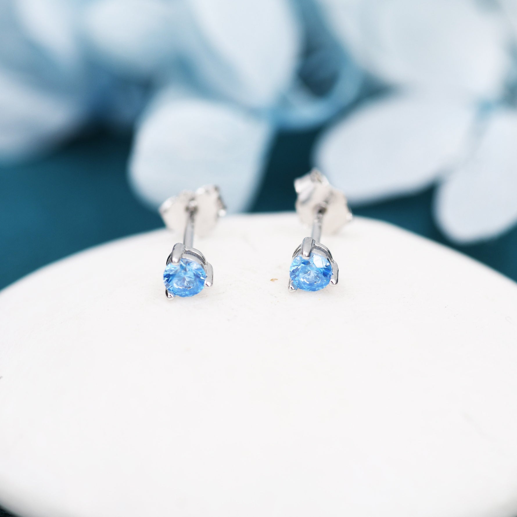 Aquamarine Blue CZ Stud Earrings in Sterling Silver, 3mm, Three Prong, Blue Stacking Earrings
