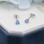 Aquamarine Blue CZ Stud Earrings in Sterling Silver, 3mm, Three Prong, Blue Stacking Earrings