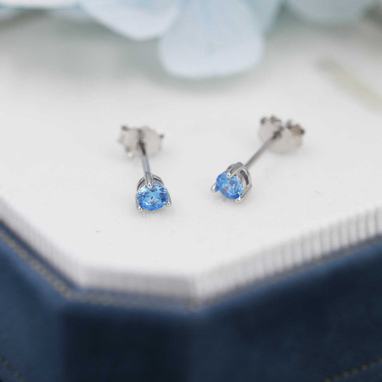 Aquamarine Blue CZ Stud Earrings in Sterling Silver, 3mm, Three Prong, Blue Stacking Earrings
