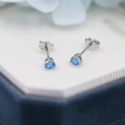 Aquamarine Blue CZ Stud Earrings in Sterling Silver,  3mm, Three Prong, Blue Stacking Earrings