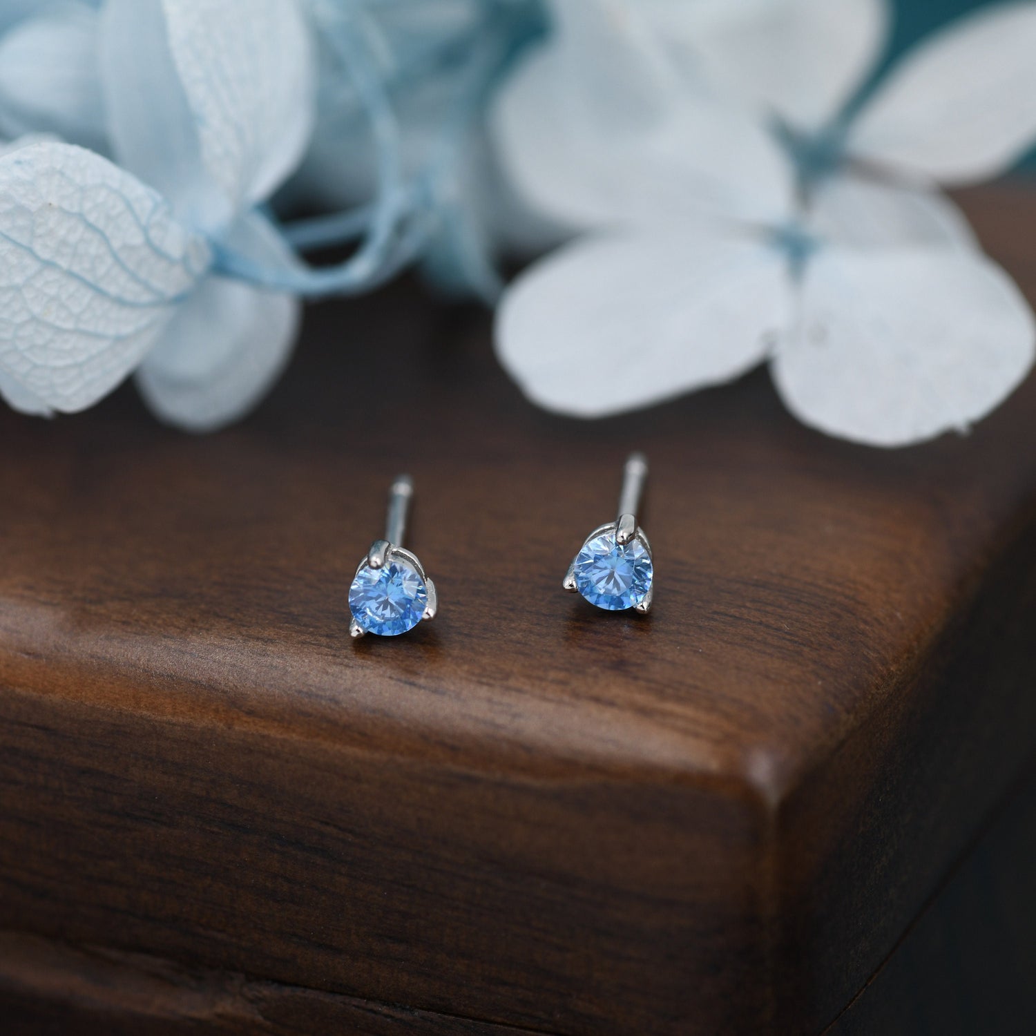 Aquamarine Blue CZ Stud Earrings in Sterling Silver, 3mm, Three Prong, Blue Stacking Earrings