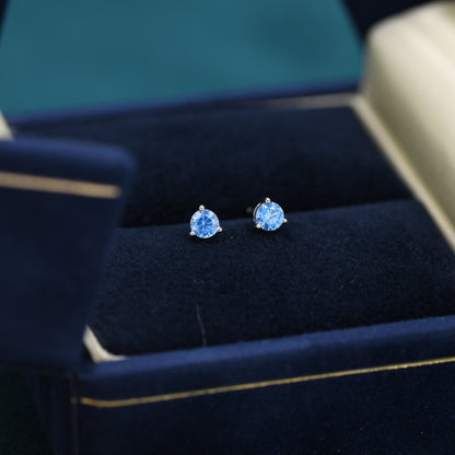 Aquamarine Blue CZ Stud Earrings in Sterling Silver,  3mm, Three Prong, Blue Stacking Earrings