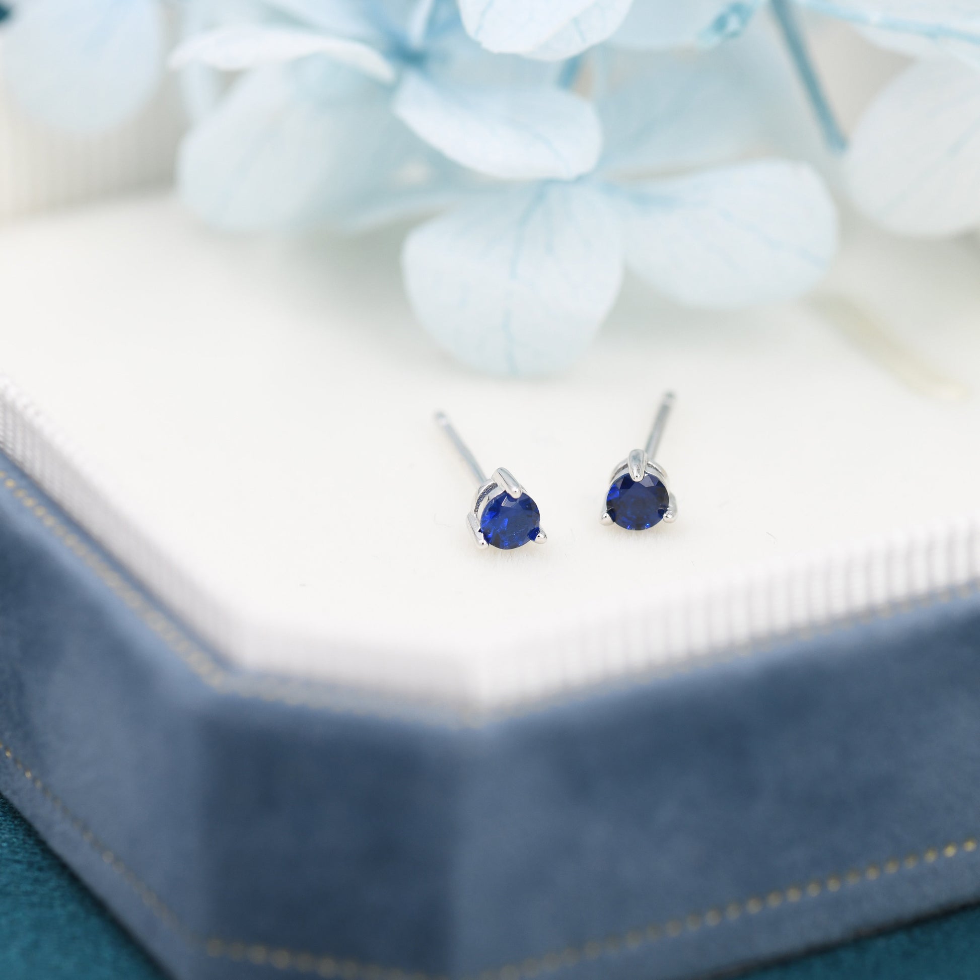 Sapphire Blue CZ Stud Earrings in Sterling Silver, Silver or Gold, 3mm, Three Prong, Blue Stacking Earrings, September Birthstone