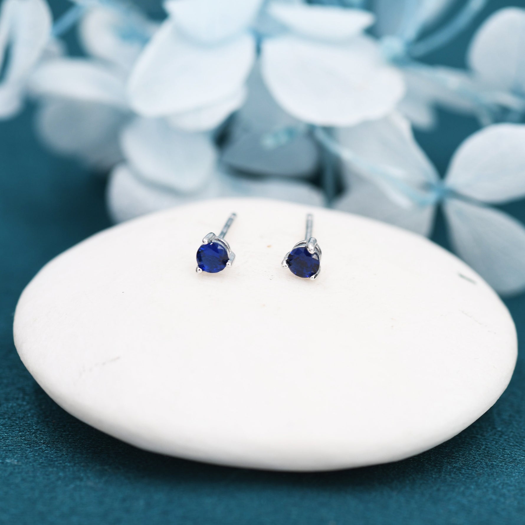 Sapphire Blue CZ Stud Earrings in Sterling Silver, Silver or Gold, 3mm, Three Prong, Blue Stacking Earrings, September Birthstone