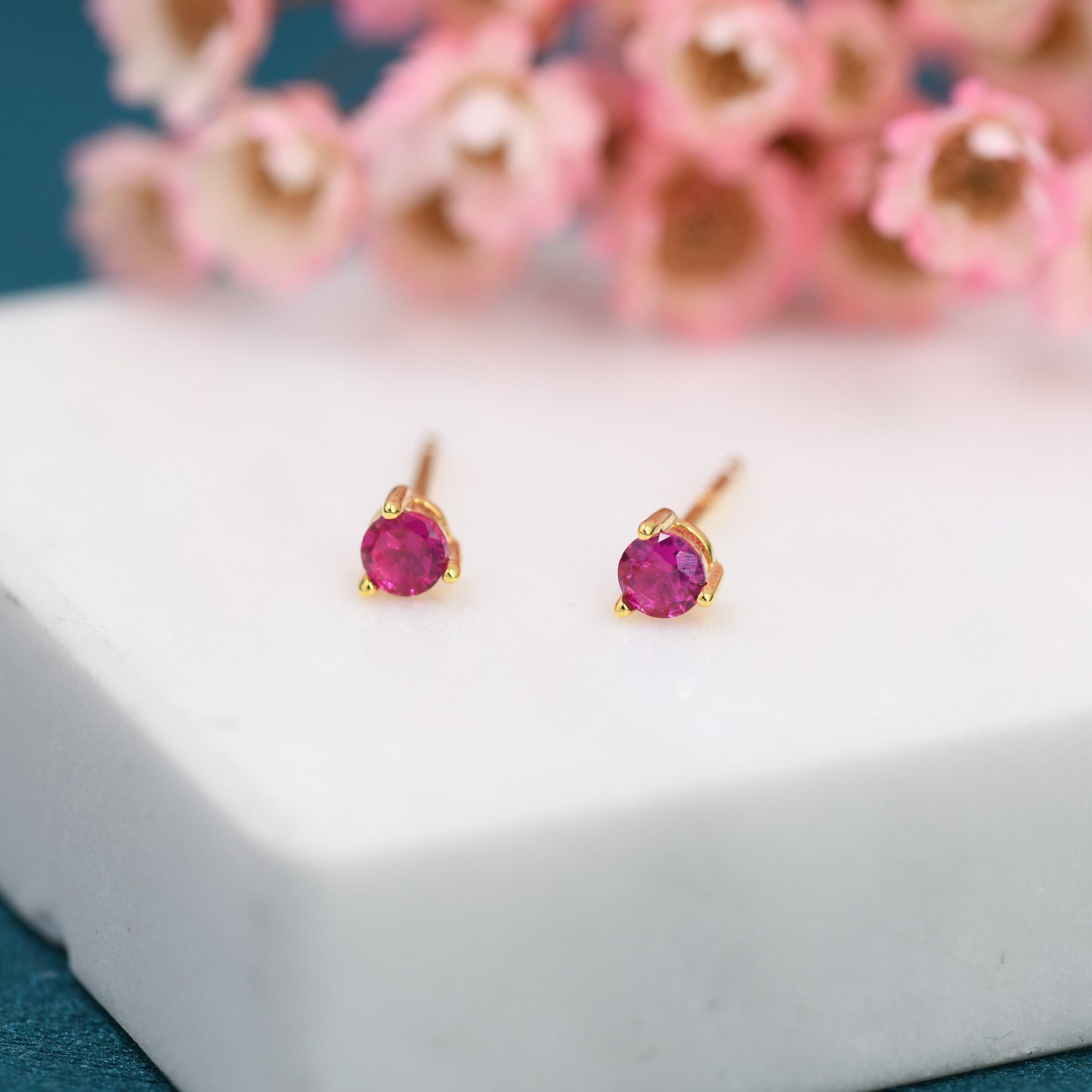 Ruby Pink CZ Stud Earrings in Sterling Silver, Silver or Gold, 3mm, Three Prong, Pink Stacking Earrings, July Birthstone