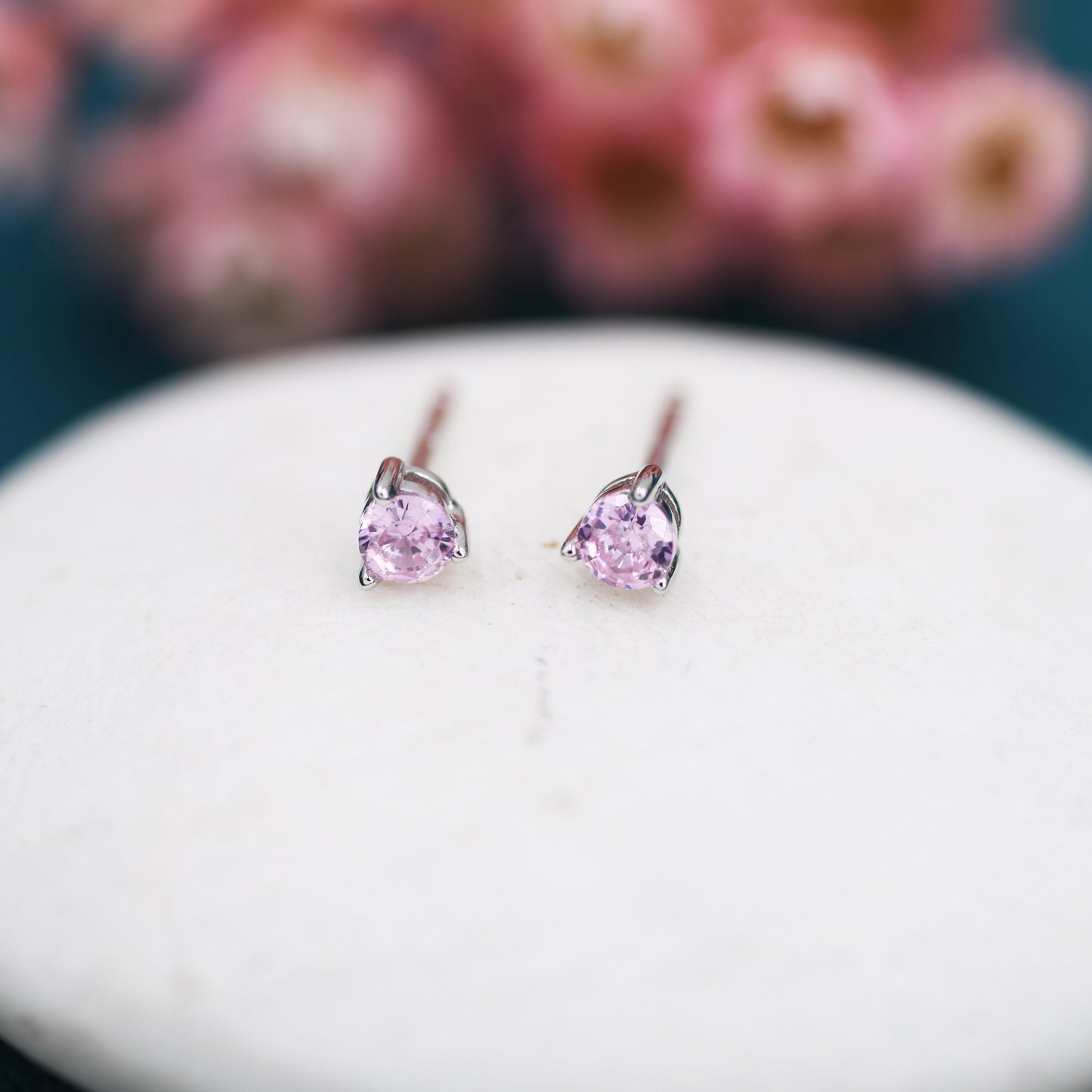 Pink CZ Stud Earrings in Sterling Silver, Silver or Gold, 3mm, Three Prong, Pink Stacking Earrings, October Birthstone