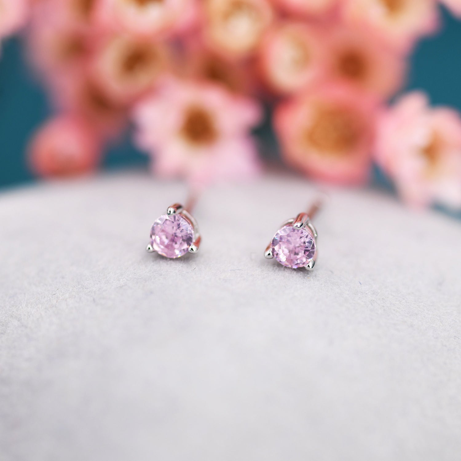 Pink CZ Stud Earrings in Sterling Silver, Silver or Gold, 3mm, Three Prong, Pink Stacking Earrings, October Birthstone