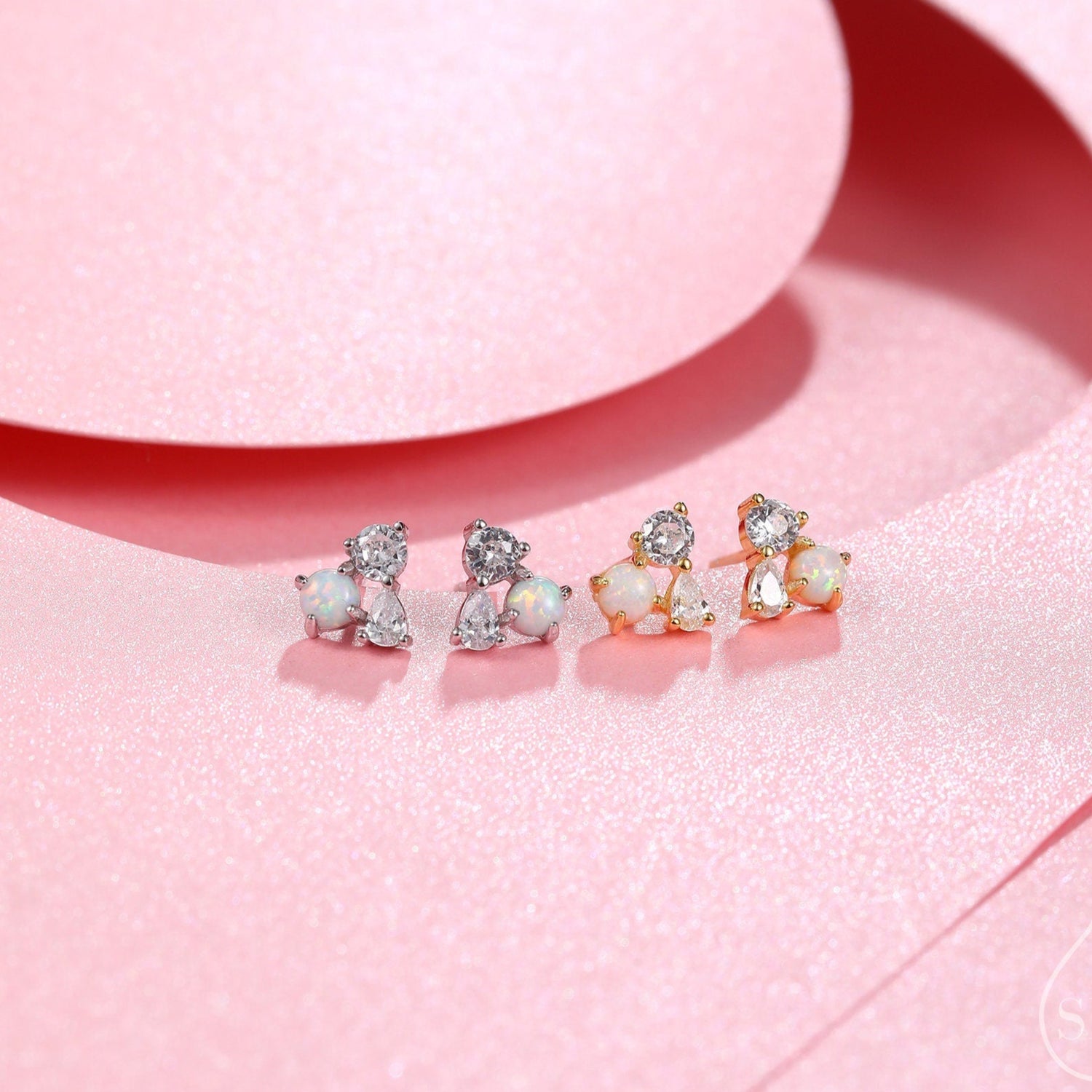 Opal and CZ Cluster Stud Earrings in Sterling Silver, Simulated Opal, Opal Earrings