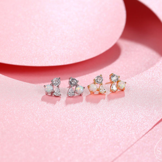 Opal and CZ Cluster Stud Earrings in Sterling Silver, Simulated Opal, Opal Earrings