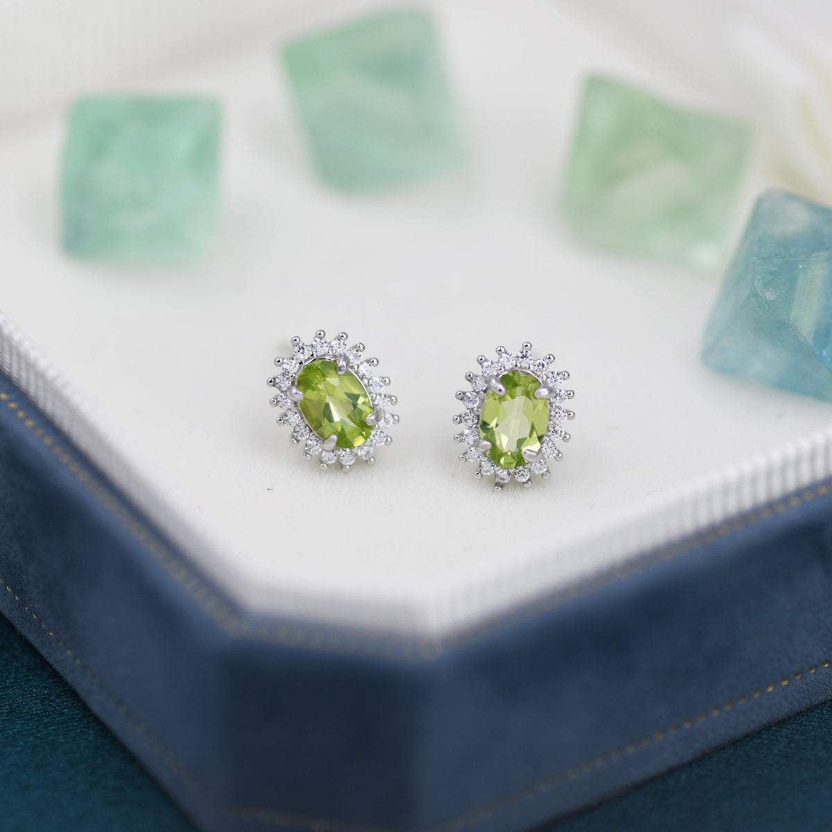 Genuine Peridot Crystal Stud Earrings in Sterling Silver, Natural Green Peridot Oval Stud Earrings, August Birthstone