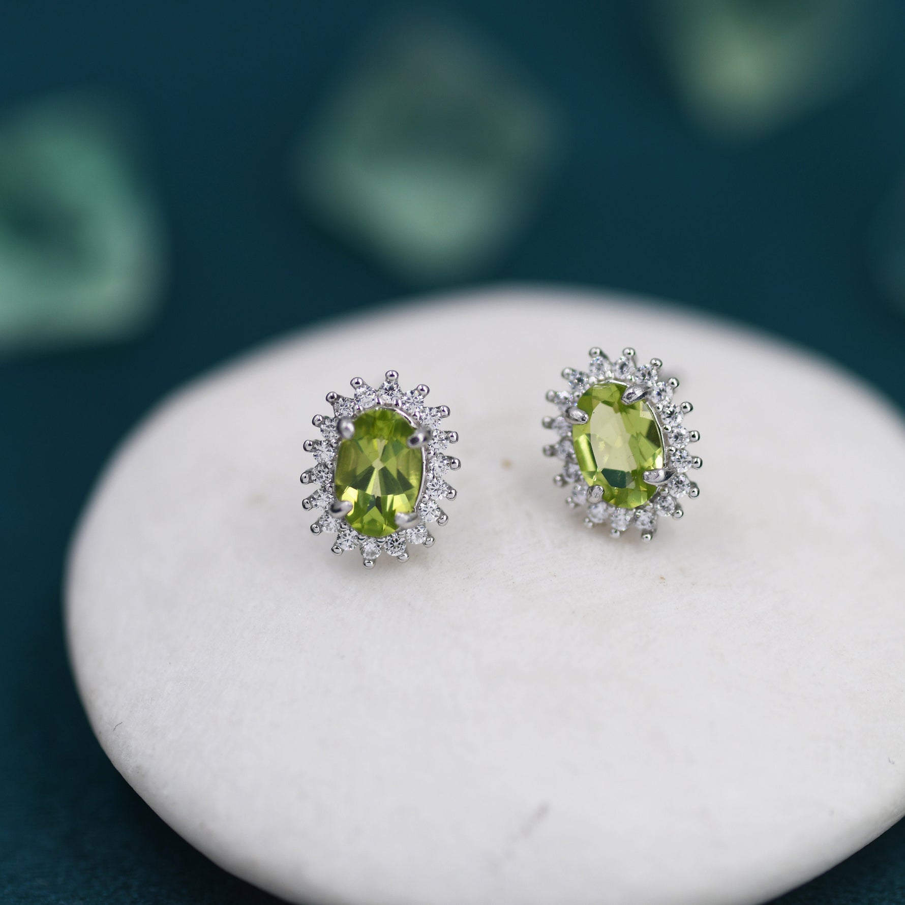 Genuine Peridot Crystal Stud Earrings in Sterling Silver, Natural Green Peridot Oval Stud Earrings, August Birthstone