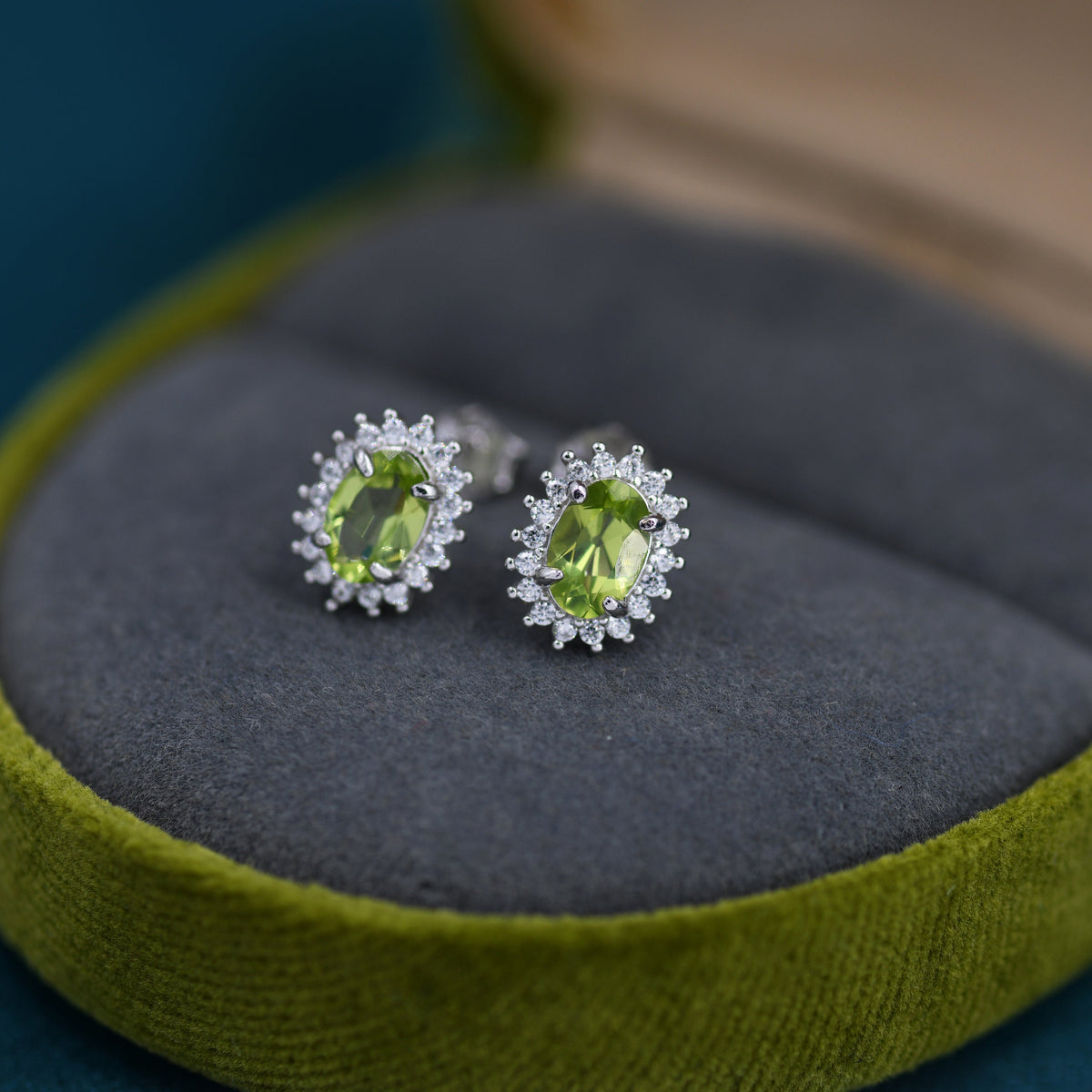Genuine Peridot Crystal Stud Earrings in Sterling Silver, Natural Green Peridot Oval Stud Earrings, August Birthstone
