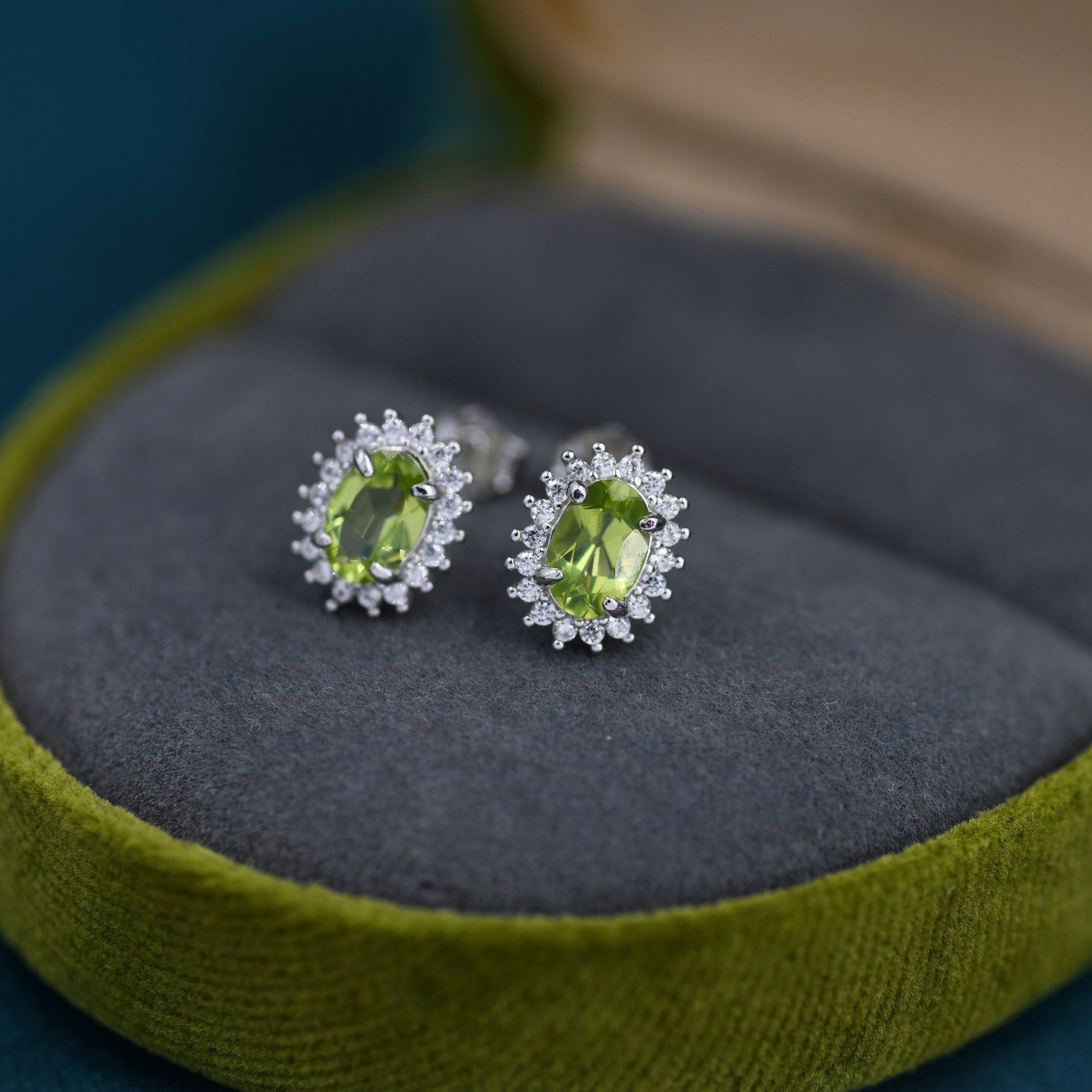 Genuine Peridot Crystal Stud Earrings in Sterling Silver, Natural Green Peridot Oval Stud Earrings, August Birthstone
