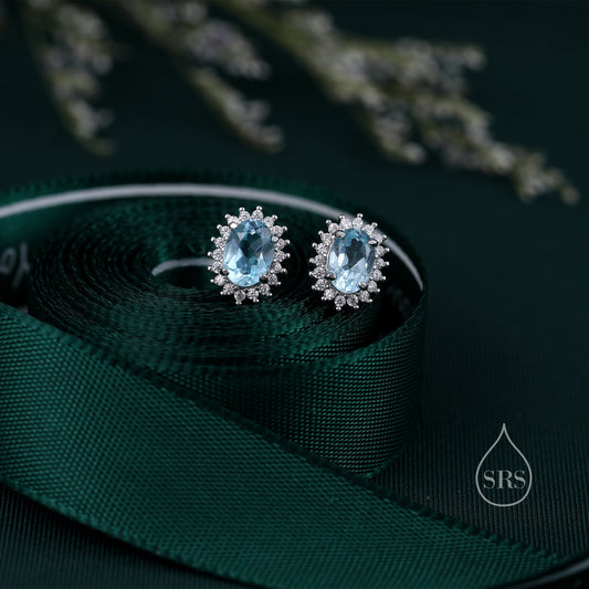 Genuine Swiss Blue Topaz Crystal Stud Earrings in Sterling Silver, Natural Blue Topaz Oval Stud Earrings