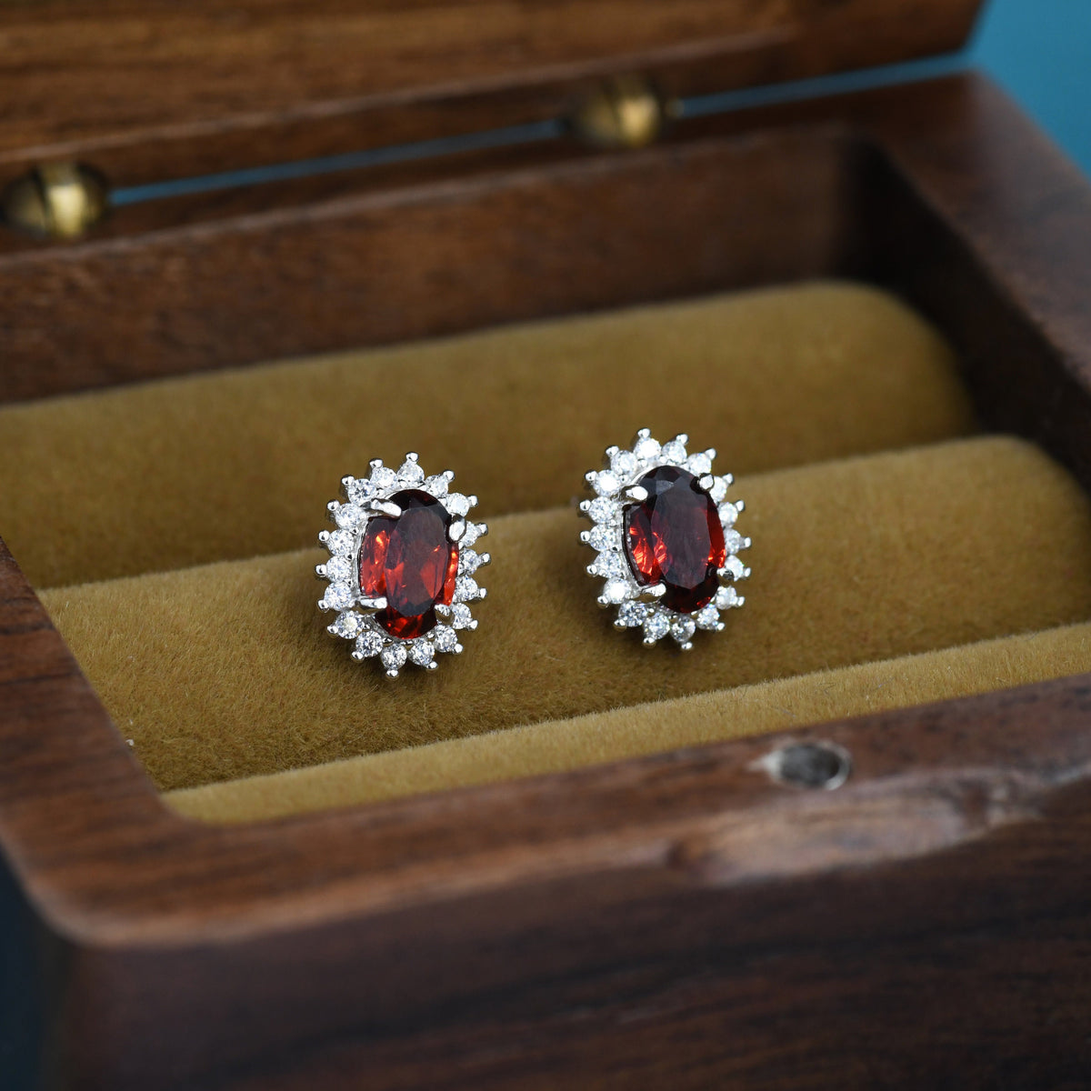 Genuine Garnet Red Crystal Stud Earrings in Sterling Silver, Natural Red Garnet Oval Stud Earrings