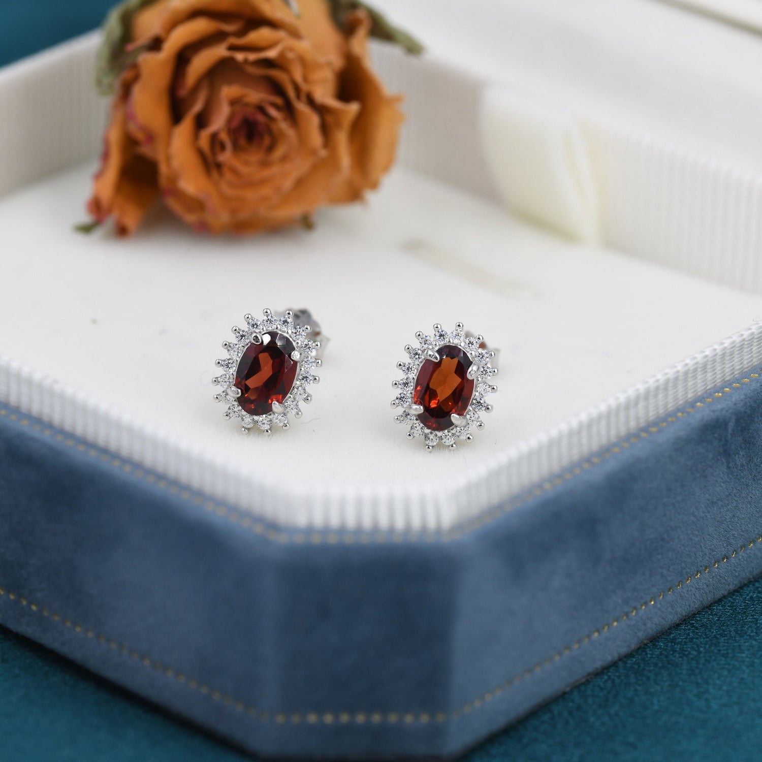 Genuine Garnet Red Crystal Stud Earrings in Sterling Silver, Natural Red Garnet Oval Stud Earrings
