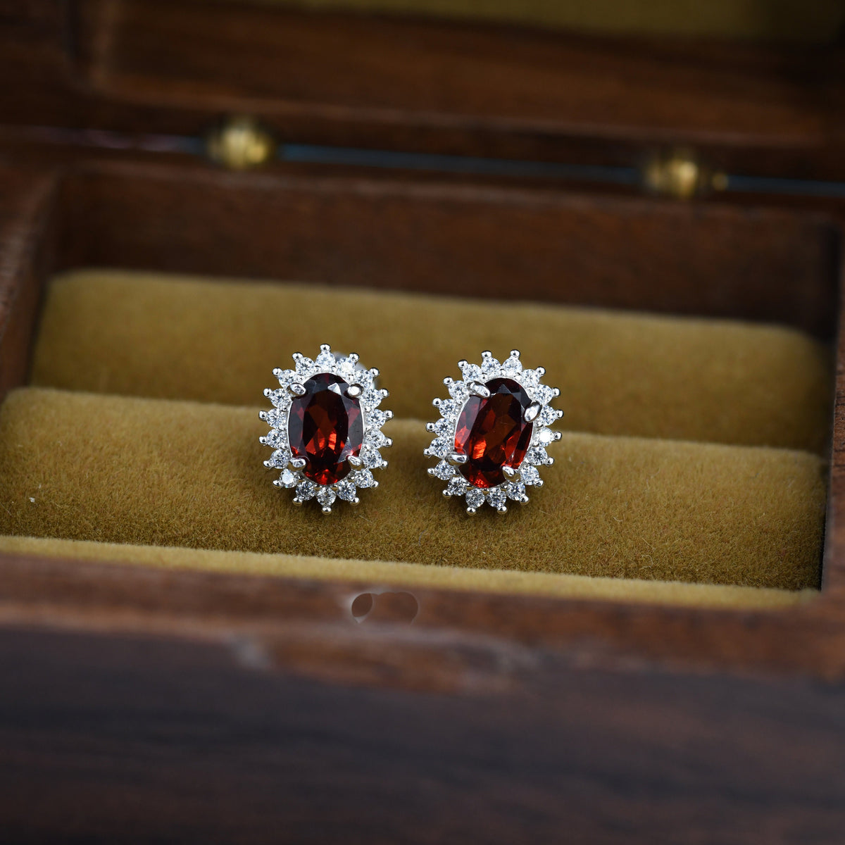 Genuine Garnet Red Crystal Stud Earrings in Sterling Silver, Natural Red Garnet Oval Stud Earrings