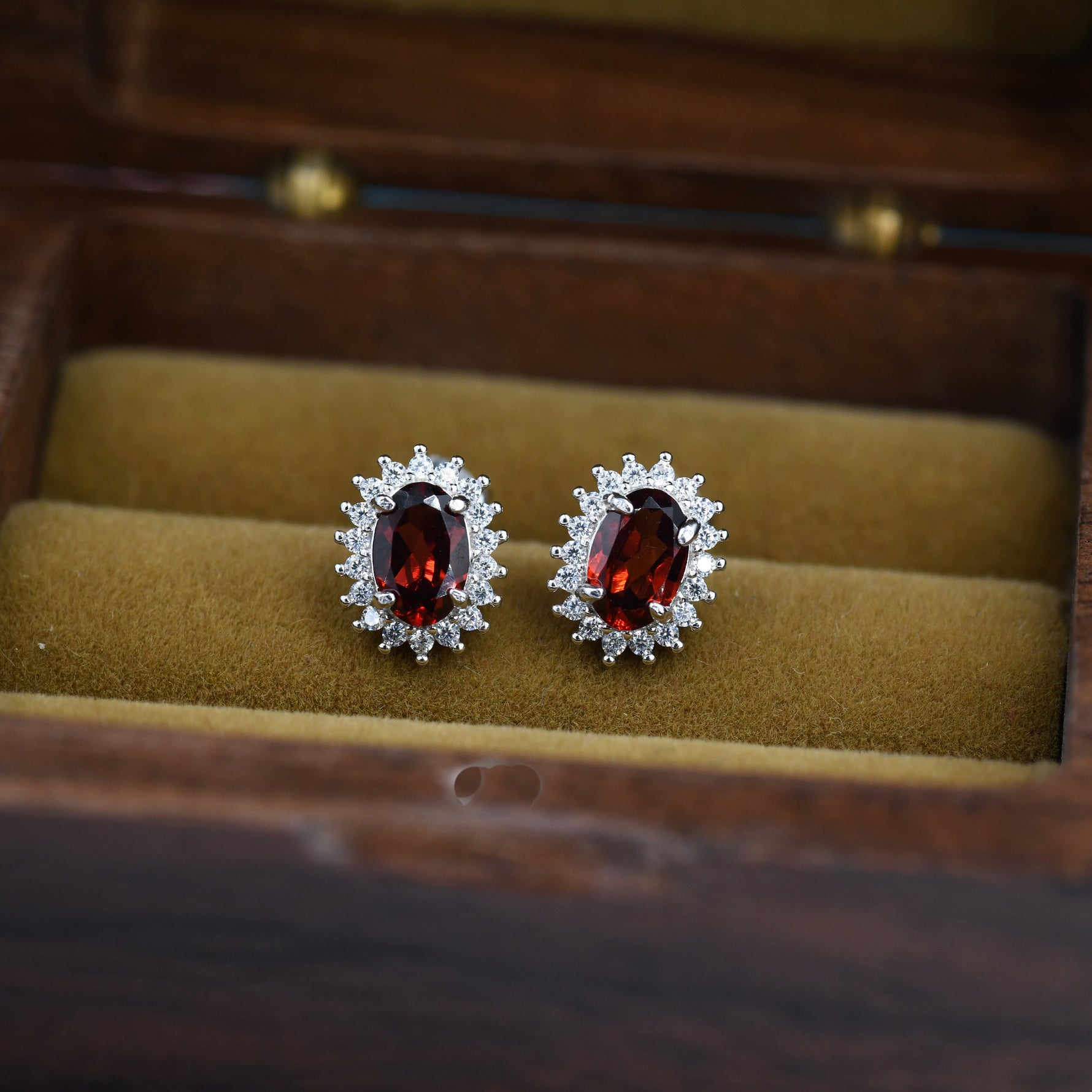 Genuine Garnet Red Crystal Stud Earrings in Sterling Silver, Natural Red Garnet Oval Stud Earrings