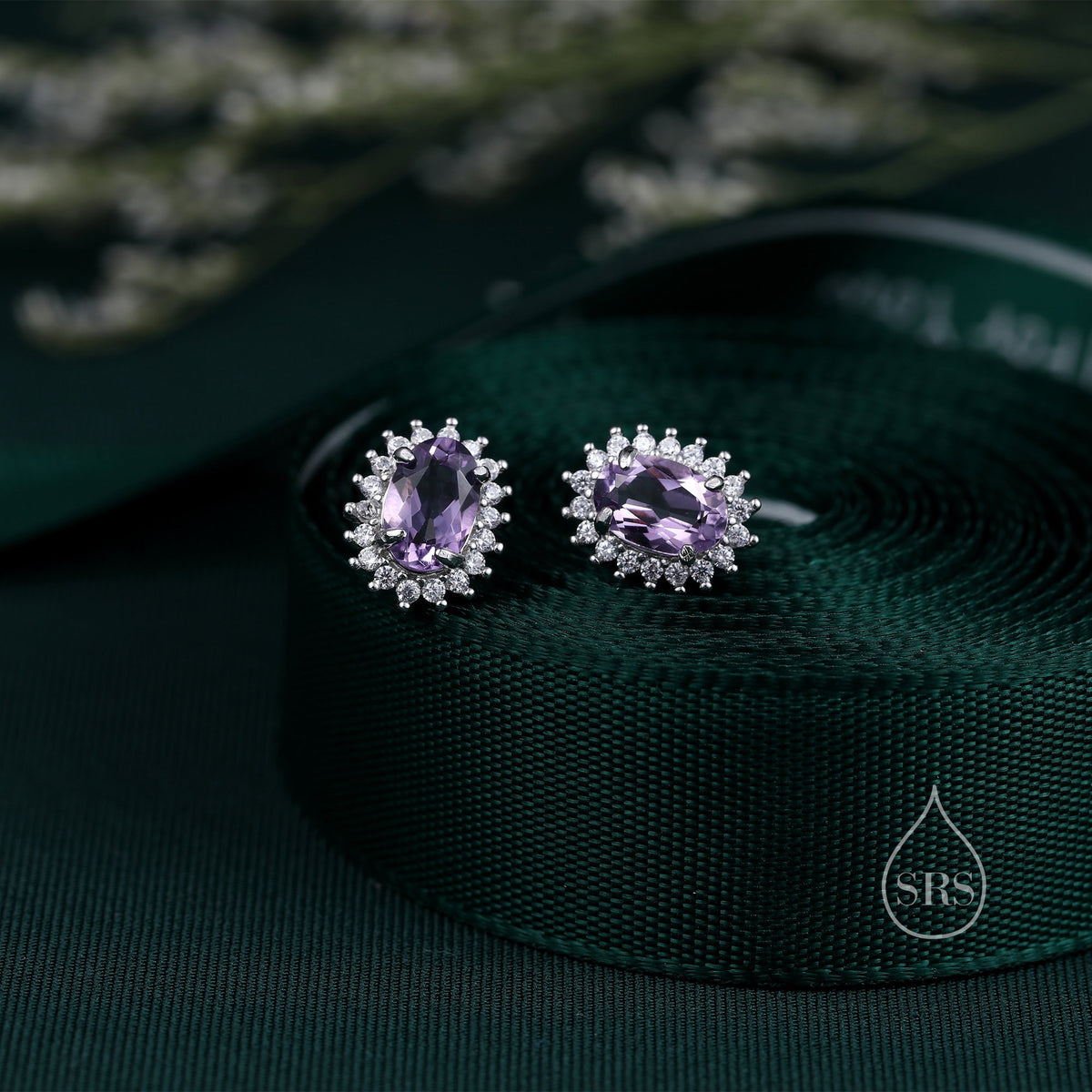 Genuine Amethyst Purple Crystal Stud Earrings in Sterling Silver, Natural Purple Amethyst Oval Stud Earrings